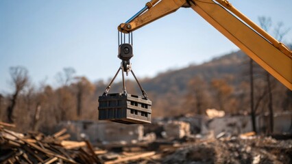 Poster - A medium closeup of a crane lifting materials skyward against a backdrop of a devastated landscape capturing the machinerys role in rebuilding efforts.