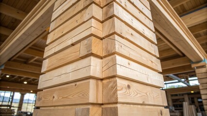 Aufkleber - A medium closeup of a crosssection of a large timber column revealing the multilayered construction with visible glue lines emphasizing the structural integrity and design