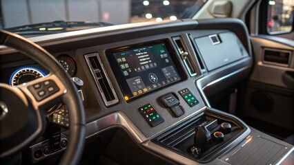 Aufkleber - A medium closeup of a driverless trucks control panel inside the cabin featuring digital displays and buttons emphasizing advanced navigation technology against the interiors