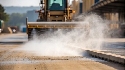 Poster - A medium closeup of a dust suppression agent being applied to a construction surface a fine mist enveloping the area as particles settle with machinery in the background continuing