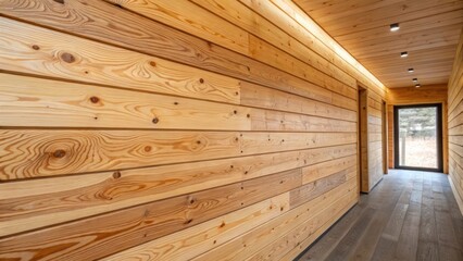 Poster - A medium closeup of a finished interior wall made of CLT showing the warm hues and natural patterns of the wood creating an inviting and sustainable living space.