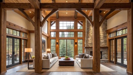 Aufkleber - A medium closeup of a finished interior space where large timber elements serve as exposed structural features creating a warm and inviting atmosphere with natural lighting