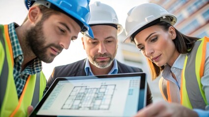Aufkleber - A medium closeup of a group of engineers gathered around a large digital tablet intensely discussing a building design. Their expressions convey a sense of focus and teamwork as