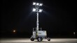 © DigitalSpace - A medium closeup of a mobile lighting tower with adjustable height and multiple light fixtures providing extensive visibility across the site at night with a sleek design and