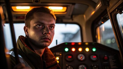 Poster - A medium closeup of a heavy machinery operator their face partially shadowed intensely focused on the controls with the glow of the machines dashboard lighting their expression.