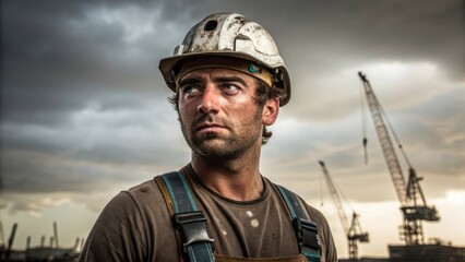 Poster - A medium closeup of a laborers face focused and determined beads of sweat visible on their forehead as they secure tools in their tool belt amidst the backdrop of sky and cranes.