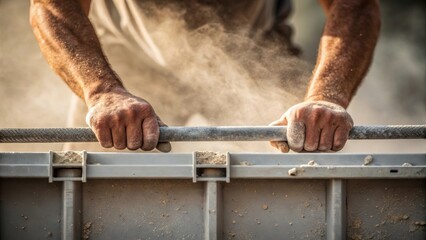 Aufkleber - A medium closeup of a laborers hands gripping a pry bar as they gently pull away a section of plastic formwork with concrete dust swirling in the air illustrating the physical
