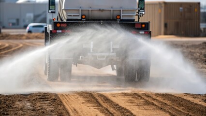 Aufkleber - A medium closeup of a large dust suppression truck maneuvering on a construction site discharging a gentle spray of water onto exposed soil creating a cloud of mist in the air.
