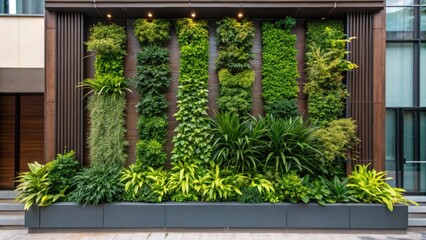 Poster - A medium closeup of a lush vertical garden on a building faÃ§ade showcasing a variety of plants that enhance air quality and aesthetic appeal with waterefficient irrigation systems