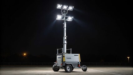Aufkleber - A medium closeup of a mobile lighting tower with adjustable height and multiple light fixtures providing extensive visibility across the site at night with a sleek design and