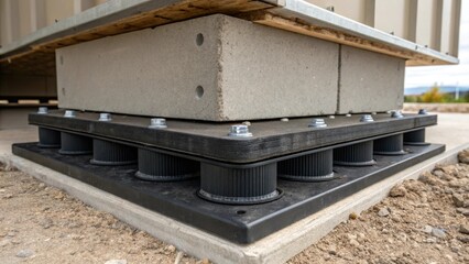 Aufkleber - A medium closeup of a modern seismic isolation pad prominently displayed under a buildings foundation emphasizing the pads rubber material and steel reinforcement meant to absorb