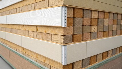 Aufkleber - A medium closeup of a multilayered wall assembly where one can see the fiberboard vapor barrier and exterior cladding. The layers demonstrate the meticulous approach to