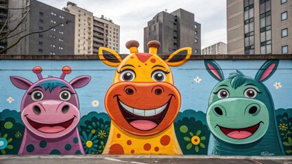 Poster - A medium closeup of a mural featuring oversized whimsical animals with exaggerated colors and playful expressions bringing a sense of joy to the drab cityscape.