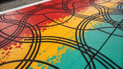 Poster - A medium closeup of an abstract design showcasing bold splashes of red yellow and teal interwoven with black lines that create a sense of movement and rhythm in the heart of the