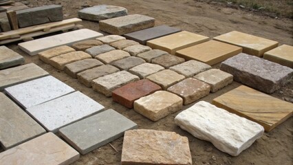 Poster - A medium closeup of an assortment of stone blocks in various shapes and sizes on the ground illustrating the diverse materials a mason works with while planning the layout for a
