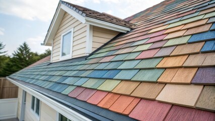 Aufkleber - A medium closeup of an array of colorful shingles stacked neatly on the roof showcasing the variety of colors and textures that enhance the homes aesthetic appeal.