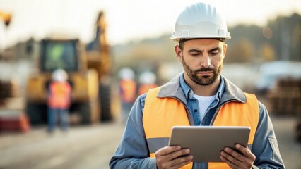 Poster - A medium closeup of an engineer analyzing data on a tablet while standing onsite with construction machinery and workers in the blurred background emphasizing the importance of