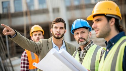Aufkleber - A medium closeup of an architect gesturing with a set of architectural tools in hand as they explain a design feature to a group of construction workers who are listening