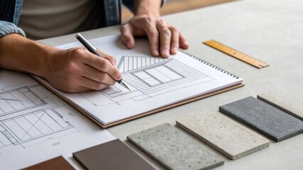 Aufkleber - A medium closeup of an architects hands sketching a new building design that prominently features recycled materials with samples of steel and concrete laid out on the table.