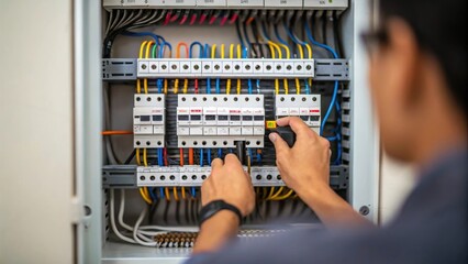 Aufkleber - A medium closeup of an electrician inspecting a circuit breaker panel focused on the array of wires and terminals showcasing the complexity of electrical setups.