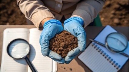 Aufkleber - A medium closeup of an engineer holding a sample of soil in gloved hands inspecting it closely under natural light with essential instruments subtly arranged on a nearby surface.