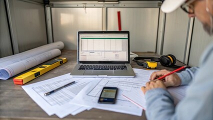 Aufkleber - A medium closeup of an engineer analyzing vibration data on a laptop inside a portable site office surrounded by construction plans and tools reflecting the importance of data