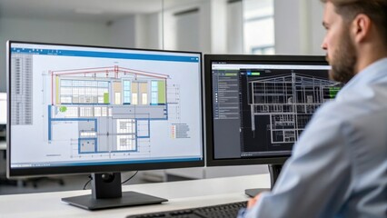 Aufkleber - A medium closeup of an engineer analyzing a complex building design on a dualmonitor setup where one screen displays BIM software with layers of electrical and plumbing schematics