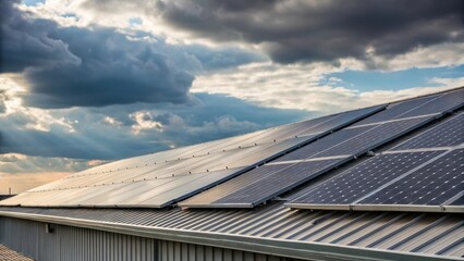 Poster - A medium closeup of angled solar panels mounted on a warehouse roof revealing their strategic positioning to maximize sunlight absorption set against the backdrop of expansive