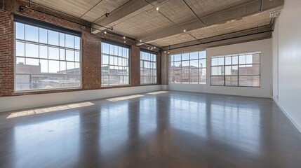 Poster - Spacious and Modern Industrial Loft with High Ceilings, Large Windows, and Natural Light in Urban Environment, Perfect for Creative Workspaces or Residential Living