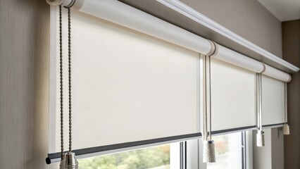 Aufkleber - A medium closeup of a pair of modern roller shades being adjusted with a sleek cord highlighting the clean lines and minimalist design of the shades against a neutralcolored wall.