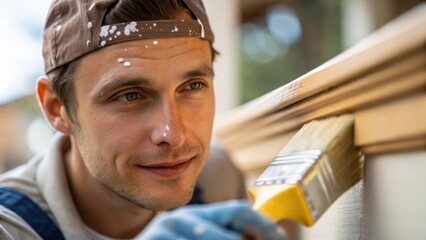 Aufkleber - A medium closeup of a painters face illuminated by natural light showing concentration and satisfaction as they apply a fresh coat of paint to a wooden trim with droplets of paint