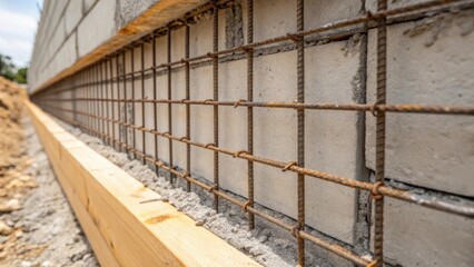 Aufkleber - A medium closeup of a reinforced wall with exposed rebar and newly poured concrete demonstrating the layering technique applied to increase lateral stability and prevent failure