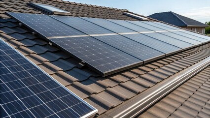 Poster - A medium closeup of a rooftop covered with partially installed solar panels capturing the contrast between the sleek solar technology and the traditional roofing materials.