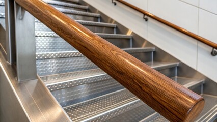 Poster - A medium closeup of a polished wooden handrail contrasting against a backdrop of brushed steel stair treads highlights the meticulous craftsmanship and attention to detail in