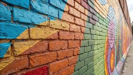 Aufkleber - A medium closeup of a vibrant mural painted on a wall made from repurposed bricks with the varied colors and textures inviting exploration and illustrating how recycled materials