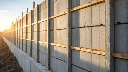 Poster - A medium closeup of a wall of cured concrete with sections of formwork leaning against it sunlight illuminating the material capturing the juxtaposition of the raw formwork against