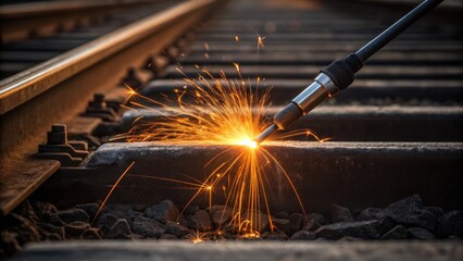 Aufkleber - A medium closeup of a welding torch igniting sparks as a worker performs emergency metal repairs on a damaged rail infrastructure. The bright fiery light contrasts against the