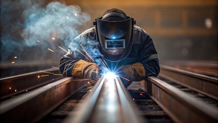 Poster - A medium closeup of a welder in protective gear fusing two large steel rail sections together with bright sparks flying and smoke rising from the welding area.