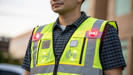 Poster - A medium closeup of a wearable safety vest equipped with reflective materials and embedded sensors showcasing its ability to detect environmental hazards and alert the wearer.