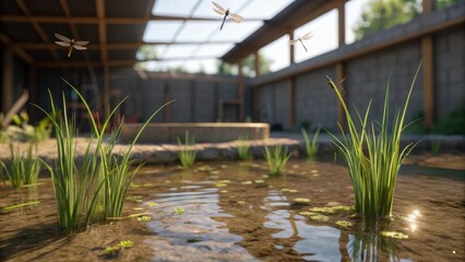 Poster - A medium closeup of a wetland area on a construction site featuring a shallow pool of clear water filled with native aquatic plants dragonflies hovering above and a soft light