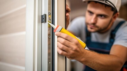 Poster - A medium closeup of a worker applying adhesive to the doors edge highlighting their careful technique to ensure a strong seal and lasting installation.