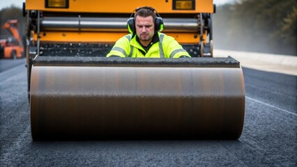 Poster - A medium closeup of a worker with a highvisibility jacket and earmuffs guiding a heavy roller over freshly laid asphalt the roller leaving a smooth glossy finish behind.