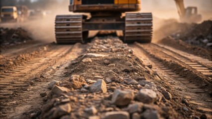Poster - A medium closeup of heavy machinerys track as it navigates over rough terrain with soil and rocks being disp emphasizing the dynamic environment of emergency construction work.