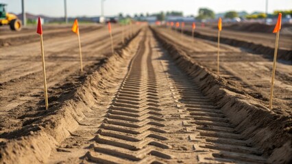 Poster - A medium closeup of heavy machinery tracks imprinted in freshly turned soil with construction stakes and flags marking the boundaries of the site showing the meticulous planning