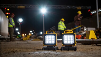Aufkleber - A medium closeup of LED job site lights illuminating an area where workers are actively engaged highlighting the bright and focused light output that consumes minimal energy.