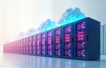 Poster - Modern data center filled with server racks. Cloud connectivity tech. Futuristic design. Vivid colors. Digital infrastructure concept. Tech equipment in modern room. High tech computer room.
