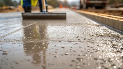 Aufkleber - A medium closeup of newly poured concrete for a runway with a worker smoothing the surface using a trowel droplets of water glistening on the wet mix emphasizing texture and
