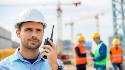 Aufkleber - A medium closeup of the foreman using a walkietalkie with construction workers and cranes visible in the background capturing the essence of communication and coordination in a