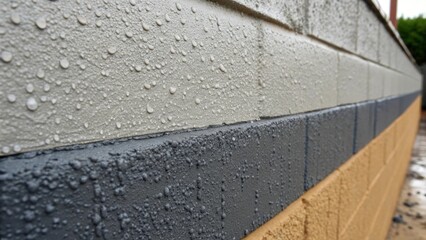 Aufkleber - A medium closeup of the freshly applied shotcrete on a wall highlighting the contrasting colors of the grey material against an existing darker substrate with small droplets