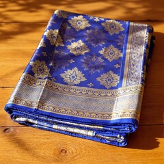 Luxurious Royal Blue and Gold Traditional Silk Textile with Ornate Floral Pattern